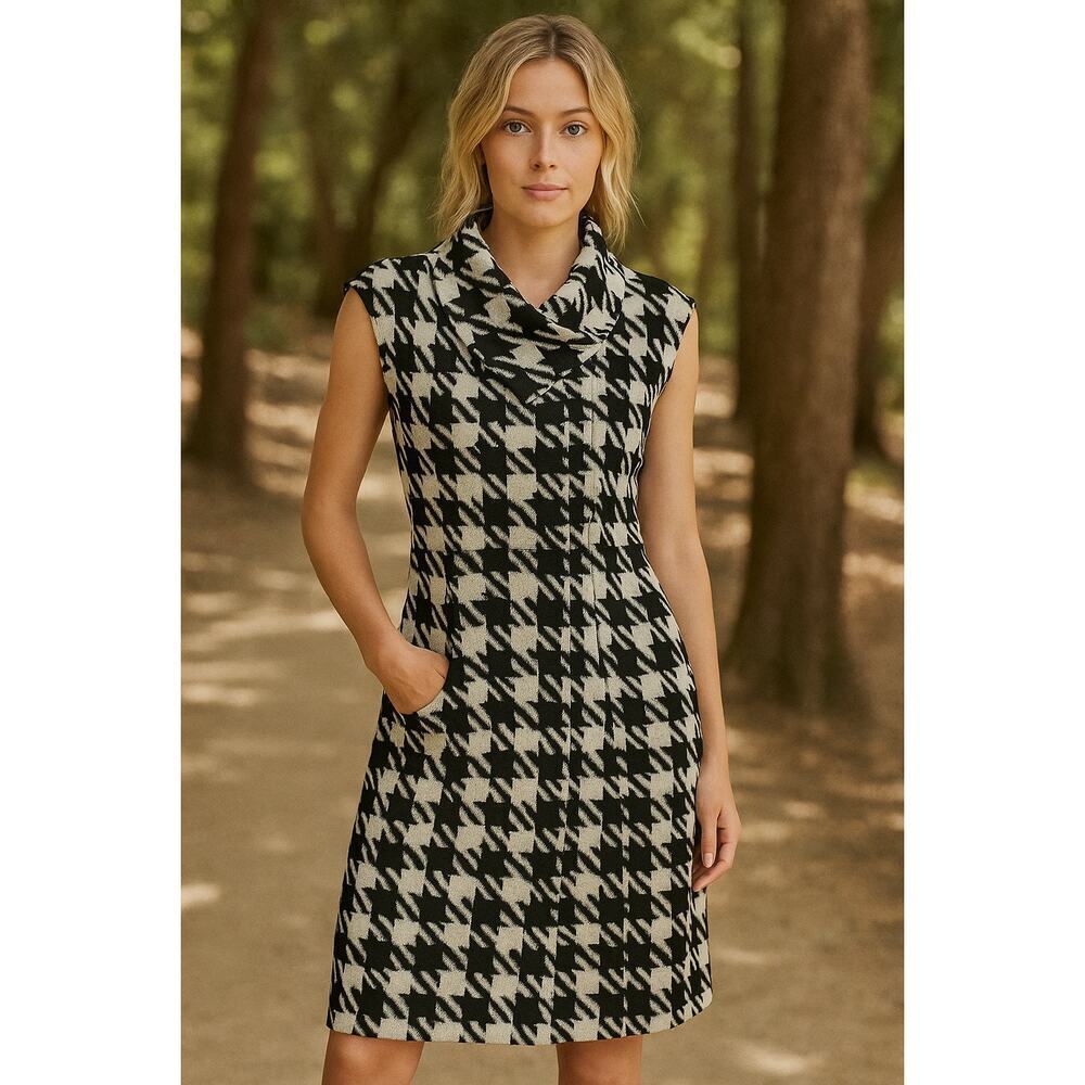Ellen Tracy Black White Houndstooth Knit Dress Size 4